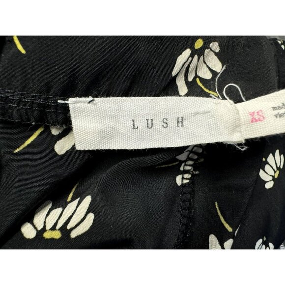 Lush Black Daisy Floral Button-Back Blouse Silky Poly Short Cap Raglan Sleeve XS - Picture 5 of 6